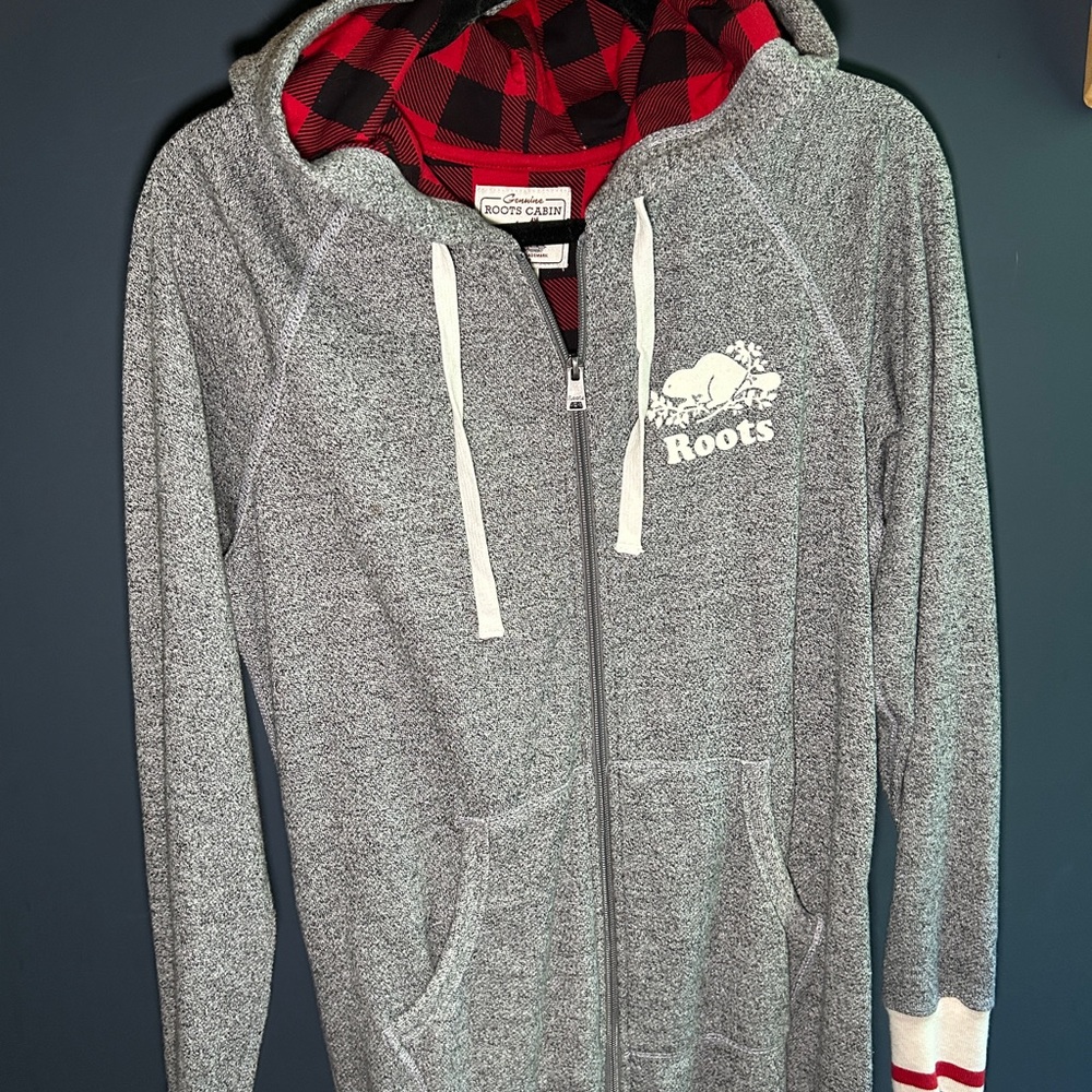 Roots Grey Zip-Up Onesie with Red Plaid Lined Hood
